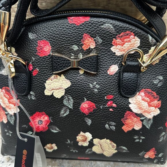 Like Dreams Black Floral Crossbody Handbag Purse Faux Leather Bow Accent New - Picture 4 of 11